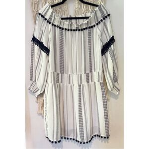 Line & Dot Mini Dress SZ MED Off the Shoulder Smocked Monochromatic Pom Poms